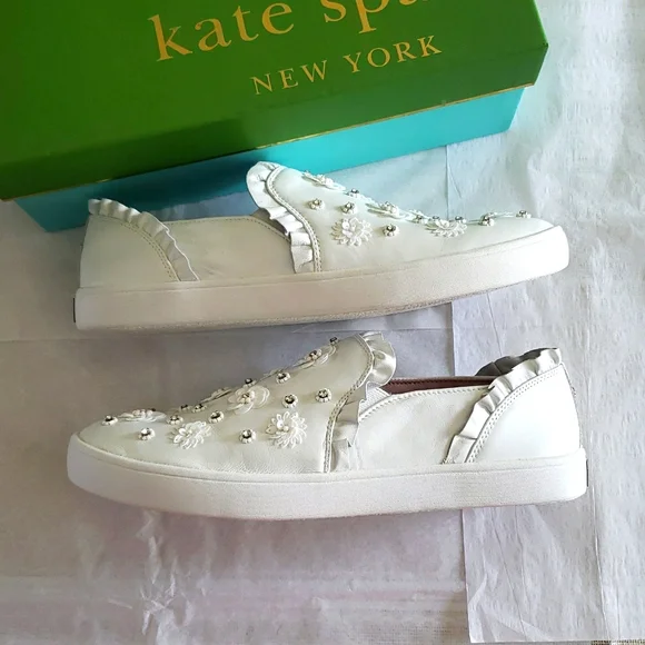 Kate Spade NEW Sneakers Embellished Leather Slip-on White Women's 9.5 NIB - Picture 16 of 17